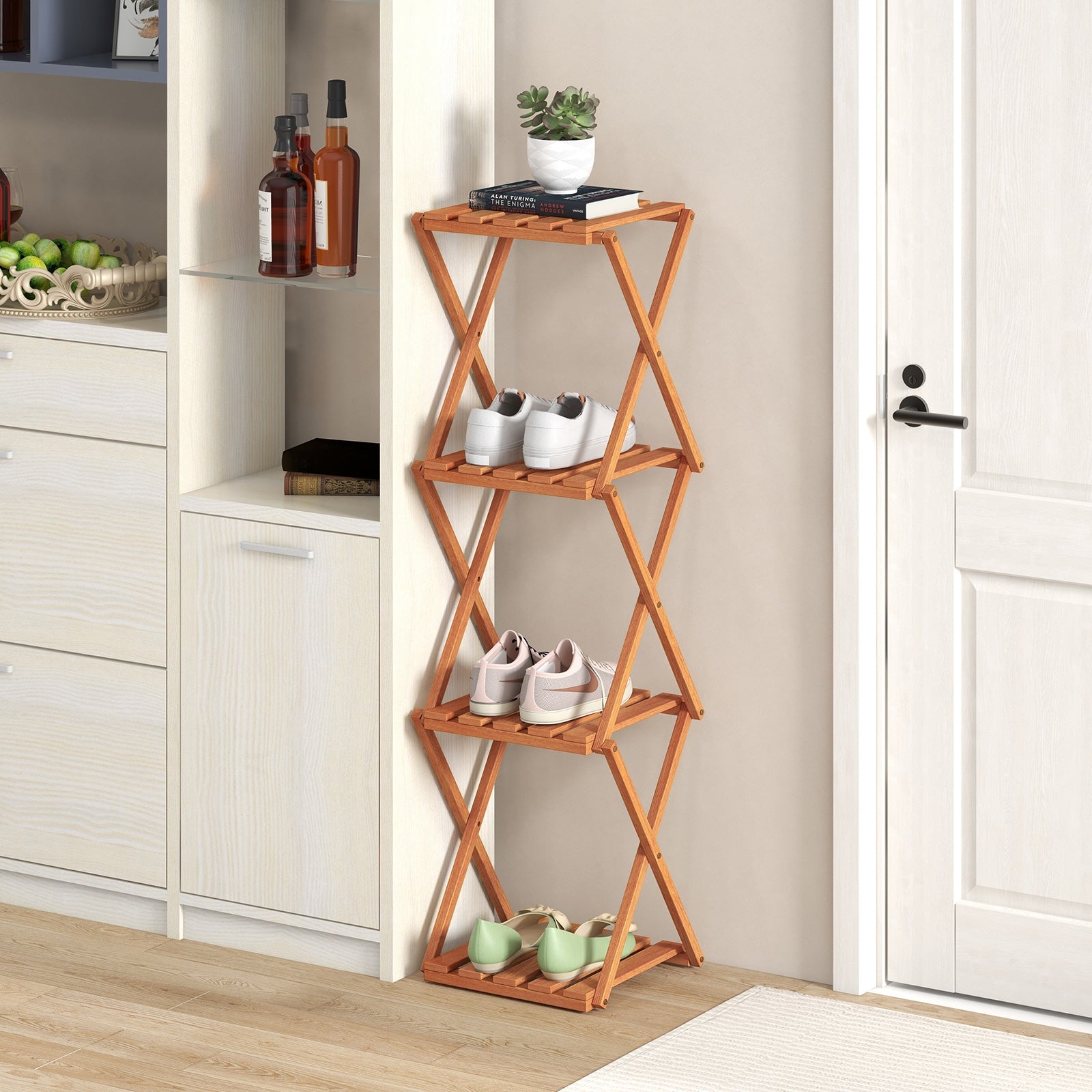 4-Tier Folding Plant Rack and Free Standing Shoe Rack, Natural Shoe Racks & Storage Benches   at Gallery Canada