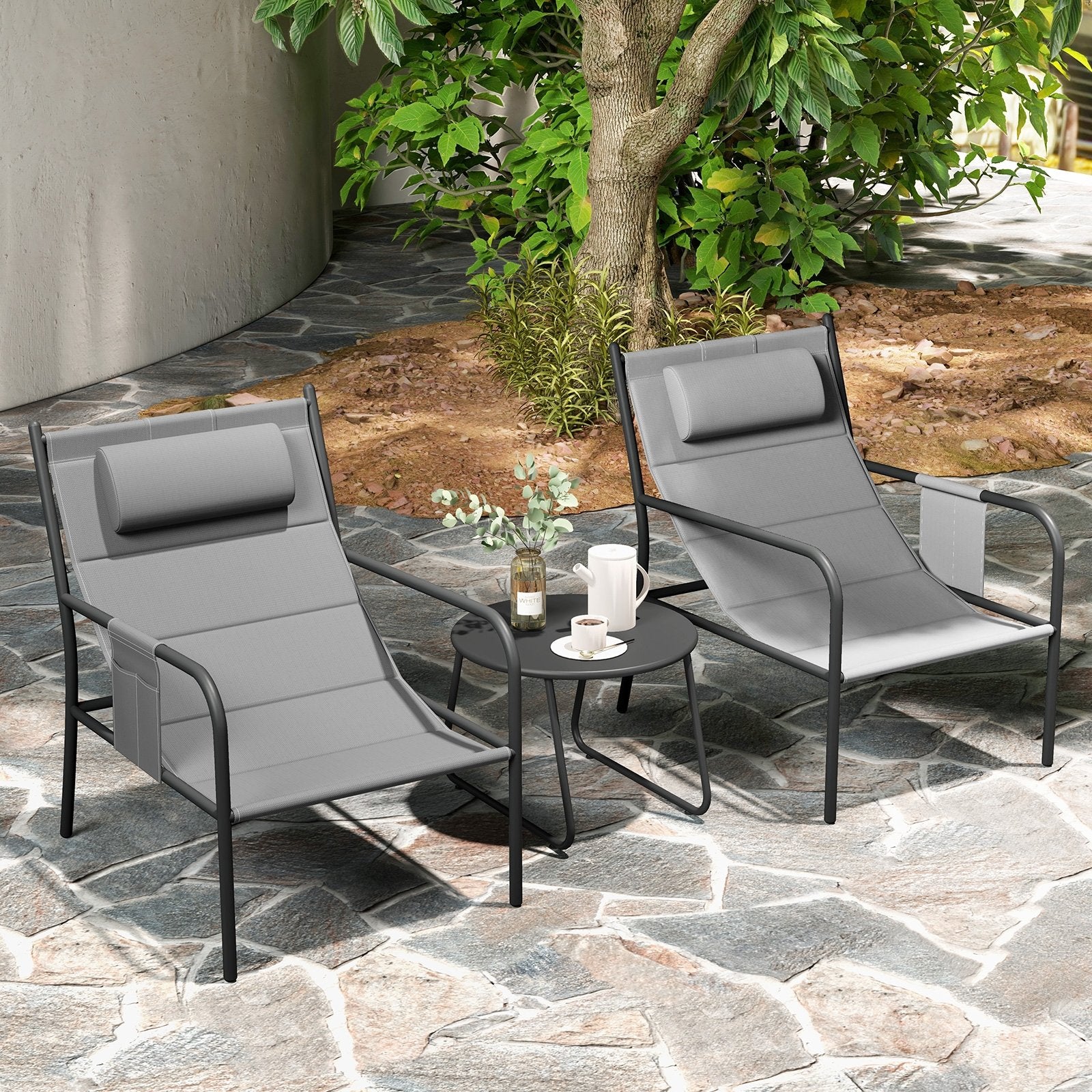 3 Piece Outdoor Bistro Set Patio Metal Chair and Coffee Table Set, Gray Patio Bar Furniture   at Gallery Canada