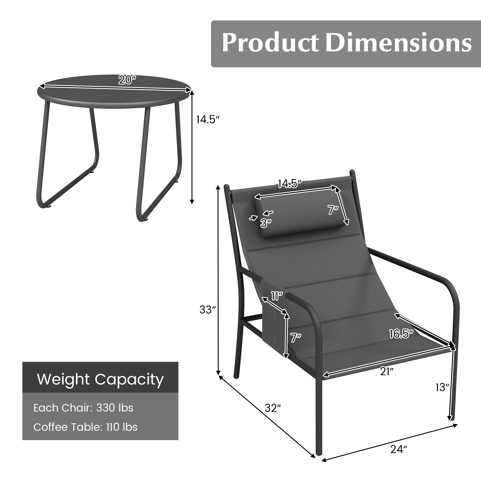 3 Piece Outdoor Bistro Set Patio Metal Chair and Coffee Table Set, Gray Patio Bar Furniture   at Gallery Canada