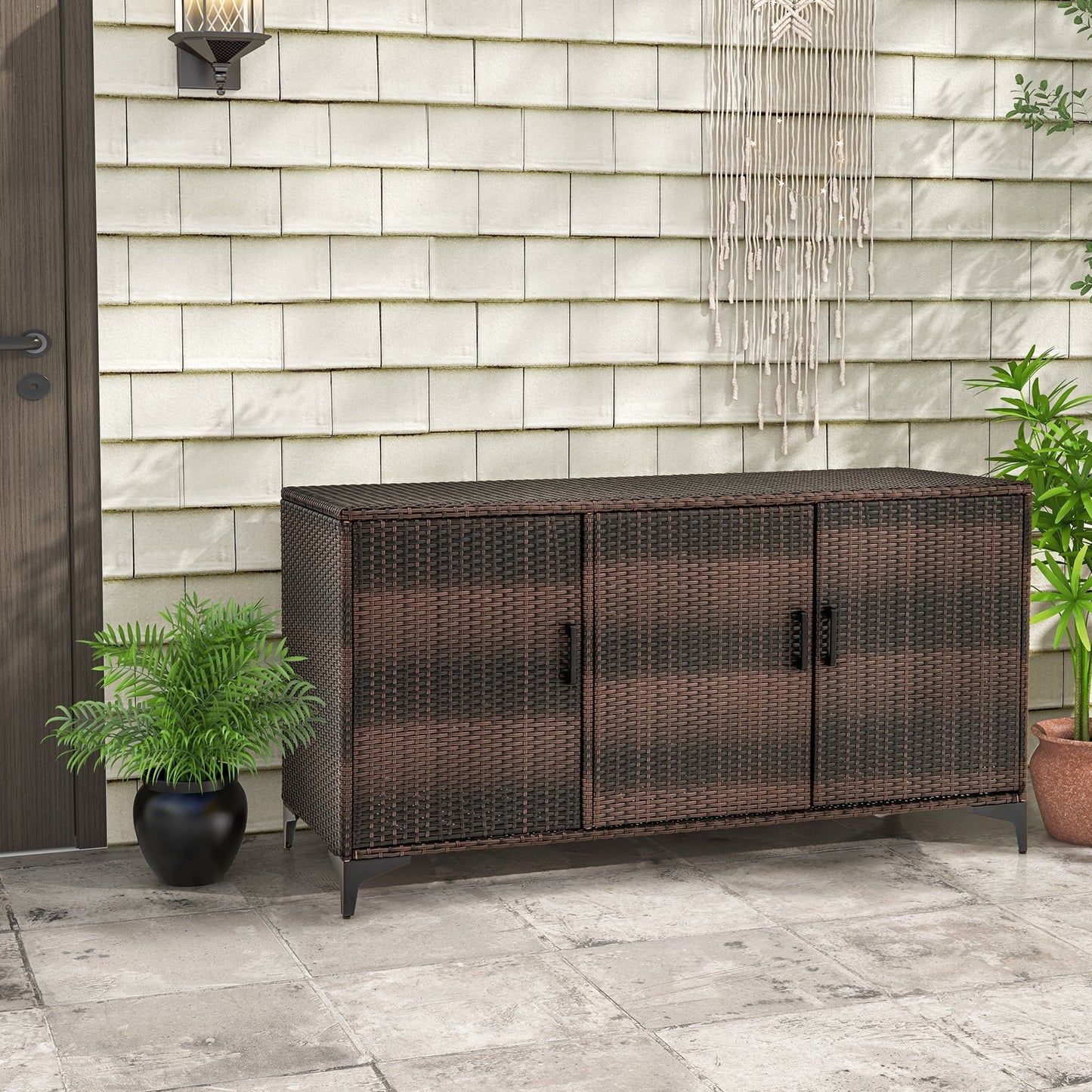 84 Gallon Patio Wicker Deck Box 3-Door PE Rattan Storage Container with Removable Shelves, Brown Sheds & Outdoor Storage   at Gallery Canada