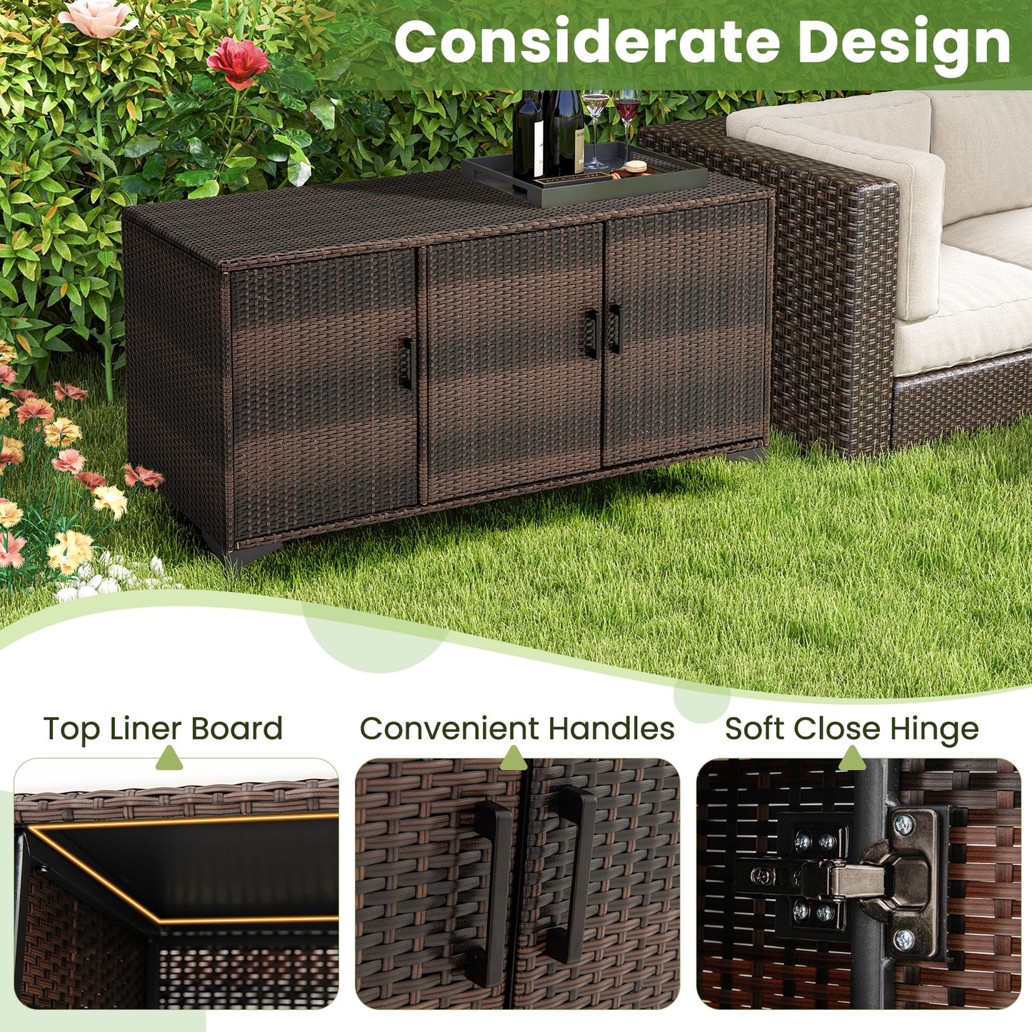 84 Gallon Patio Wicker Deck Box 3-Door PE Rattan Storage Container with Removable Shelves, Brown Sheds & Outdoor Storage   at Gallery Canada