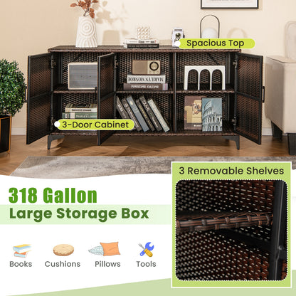 84 Gallon Patio Wicker Deck Box 3-Door PE Rattan Storage Container with Removable Shelves, Brown Sheds & Outdoor Storage   at Gallery Canada