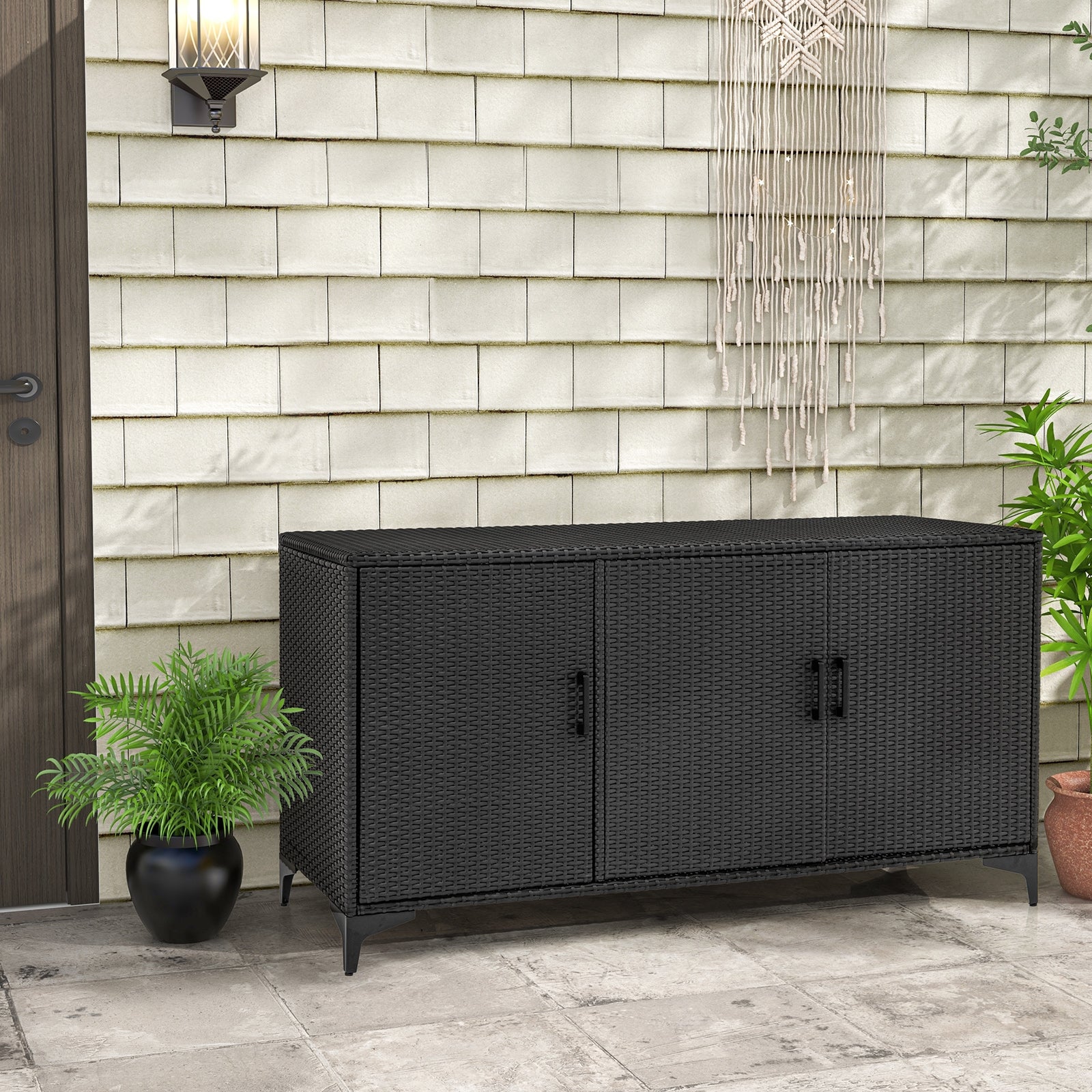 84 Gallon Patio Wicker Deck Box 3-Door PE Rattan Storage Container with Removable Shelves, Black Sheds & Outdoor Storage   at Gallery Canada