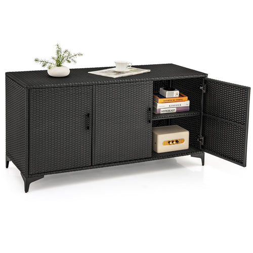 84 Gallon Patio Wicker Deck Box 3-Door PE Rattan Storage Container with Removable Shelves, Black