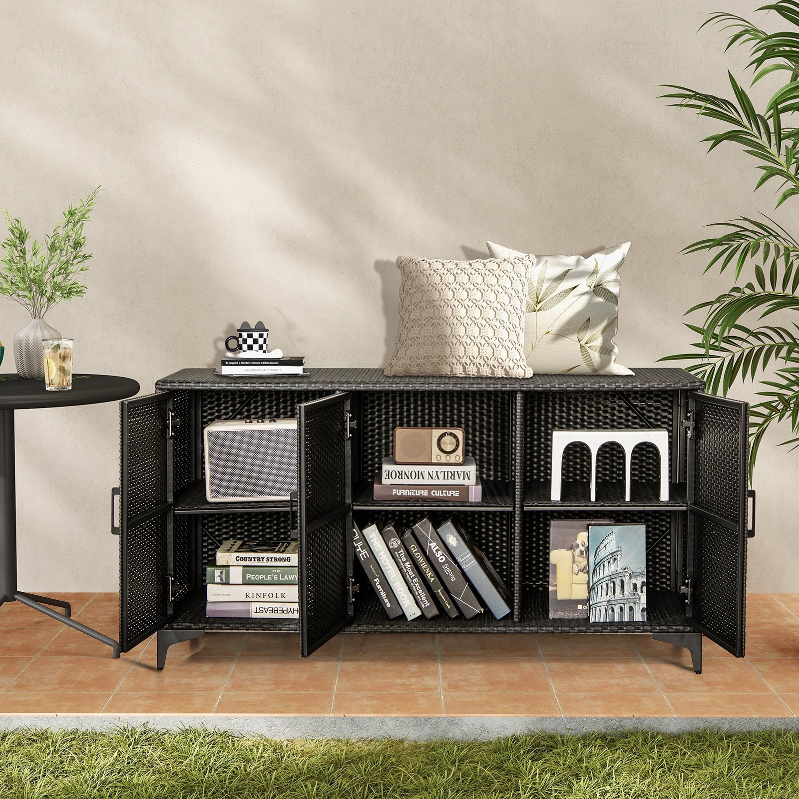 84 Gallon Patio Wicker Deck Box 3-Door PE Rattan Storage Container with Removable Shelves, Black Sheds & Outdoor Storage   at Gallery Canada