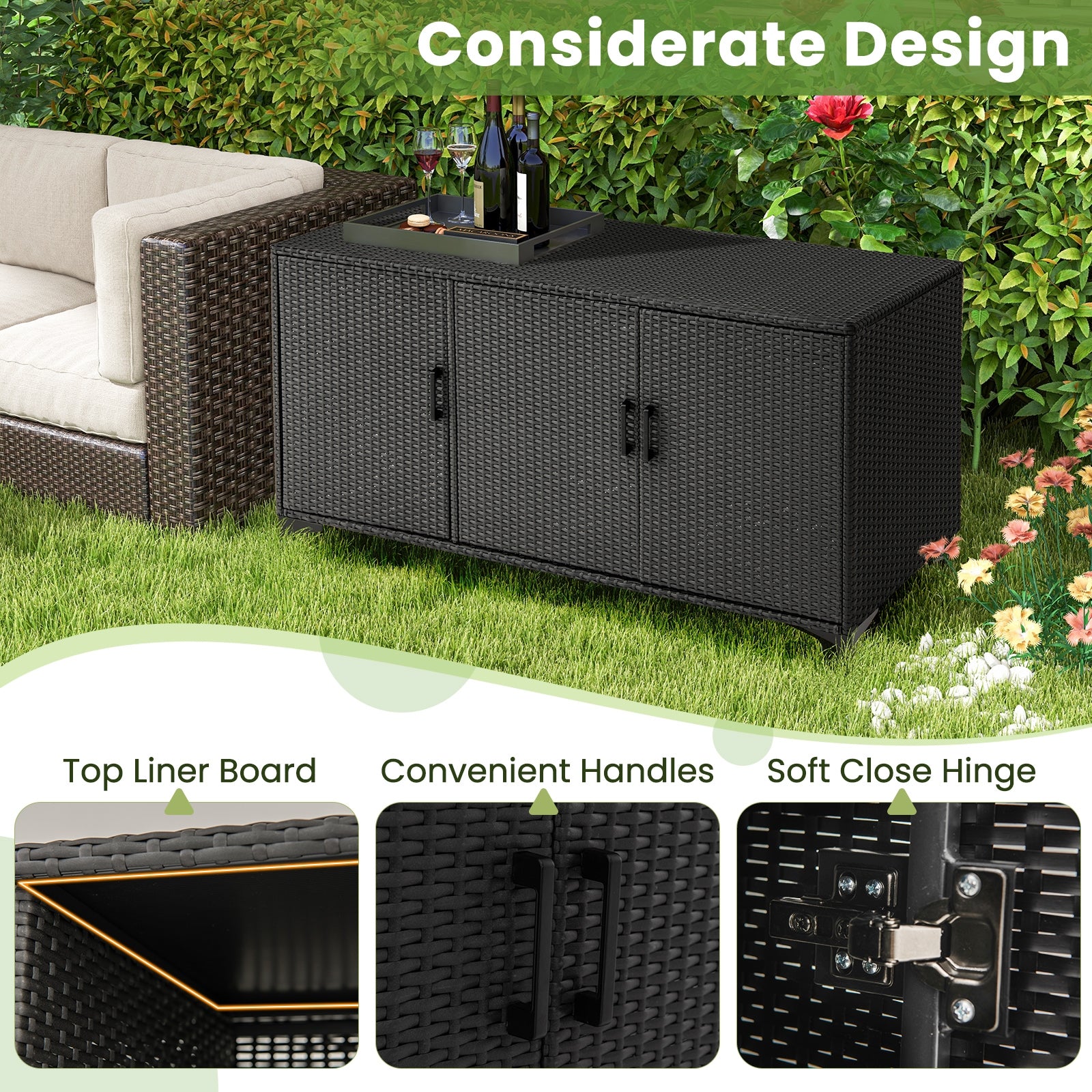 84 Gallon Patio Wicker Deck Box 3-Door PE Rattan Storage Container with Removable Shelves, Black Sheds & Outdoor Storage   at Gallery Canada