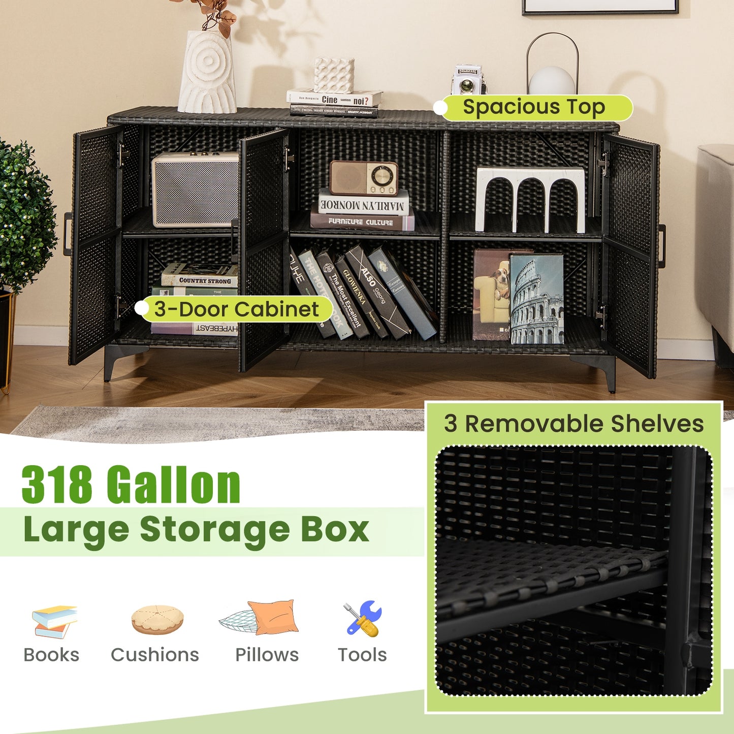 84 Gallon Patio Wicker Deck Box 3-Door PE Rattan Storage Container with Removable Shelves, Black Sheds & Outdoor Storage   at Gallery Canada