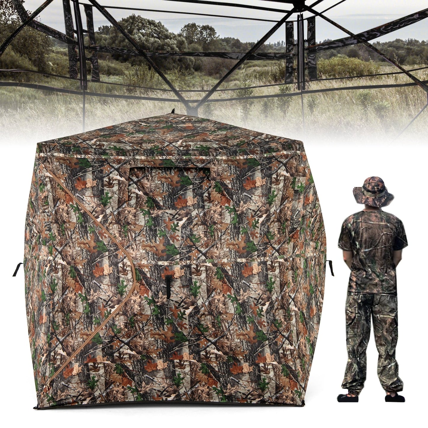 82 Inch Tall Hunting Blind 270° One Way See Through Ground Tent for 3-4 People, Camouflage Tents   at Gallery Canada