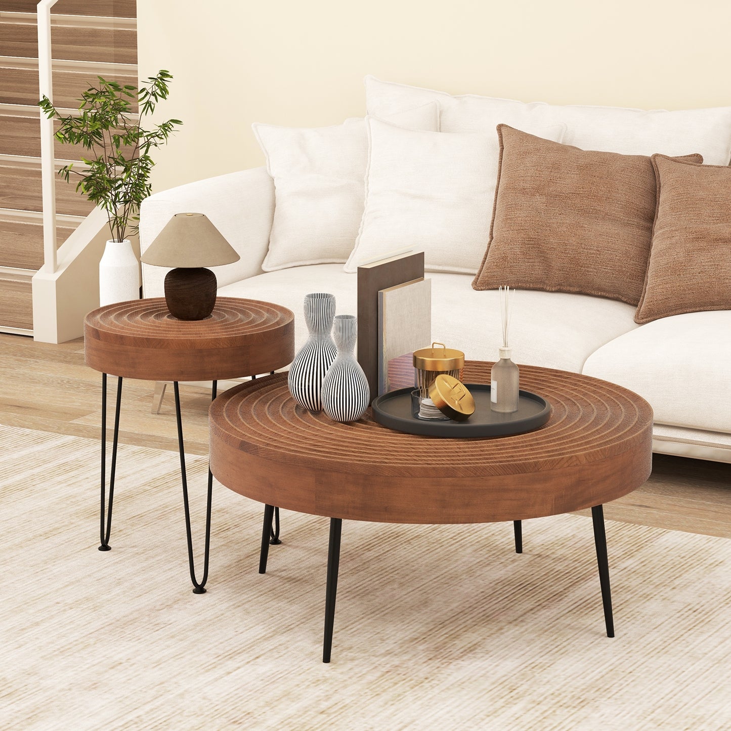 Set of 2 Solid Wood Ring Pattern Farmhouse Round Coffee Tables, Brown Coffee Tables   at Gallery Canada