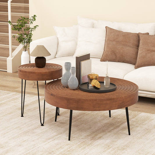 Set of 2 Solid Wood Ring Pattern Farmhouse Round Coffee Tables, Brown Coffee Tables Brown  at Gallery Canada