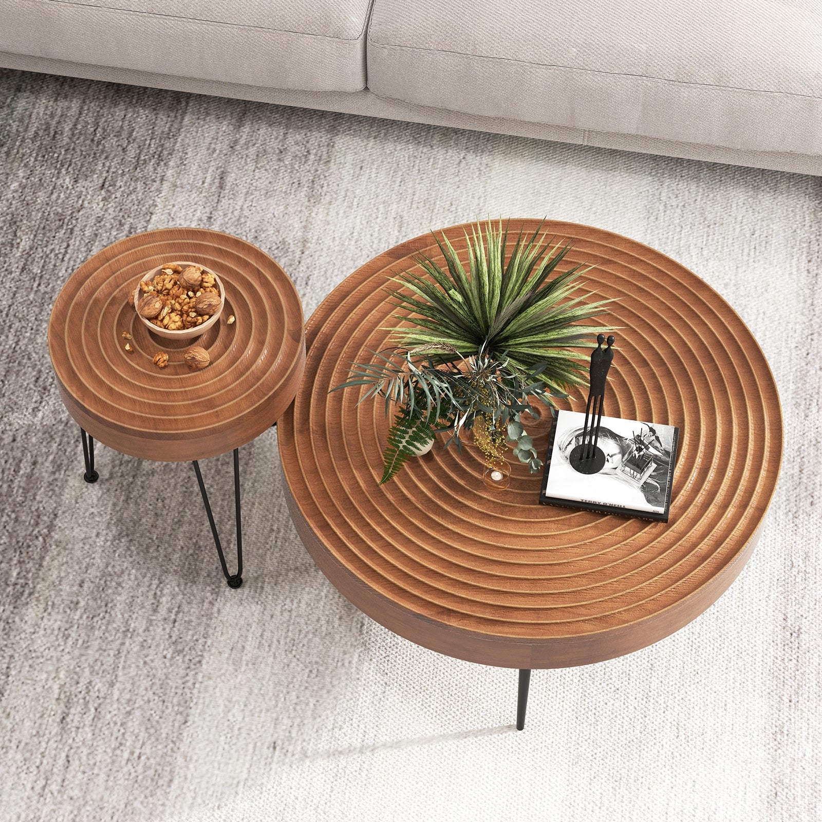 Set of 2 Solid Wood Ring Pattern Farmhouse Round Coffee Tables, Brown Coffee Tables   at Gallery Canada