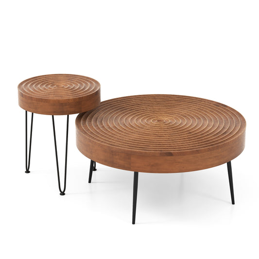 Set of 2 Solid Wood Ring Pattern Farmhouse Round Coffee Tables, Brown Coffee Tables Brown  at Gallery Canada