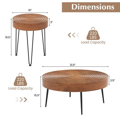 Set of 2 Solid Wood Ring Pattern Farmhouse Round Coffee Tables, Brown Coffee Tables   at Gallery Canada