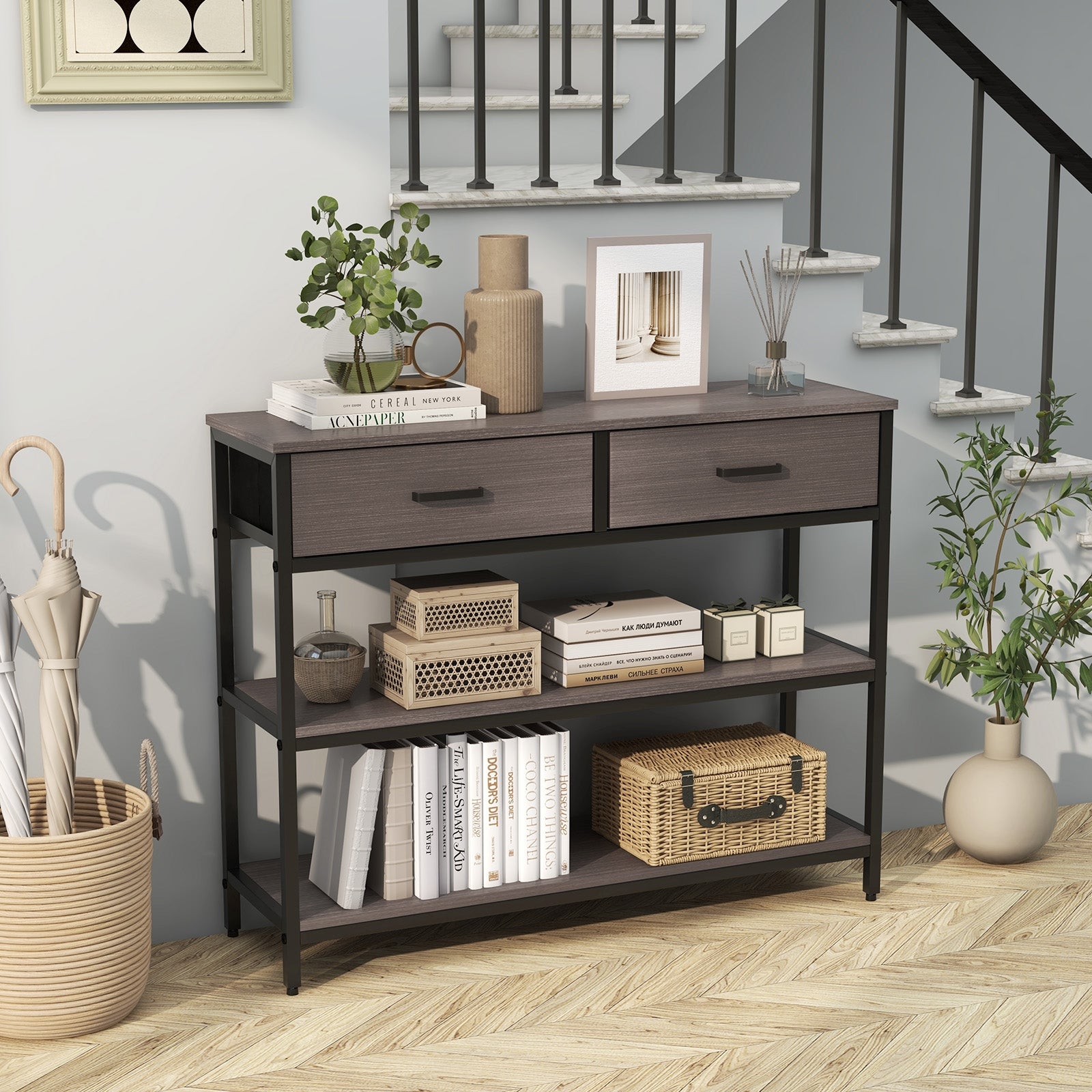 Console Table with Folding Fabric Drawers for Entryway, Gray Console Tables   at Gallery Canada