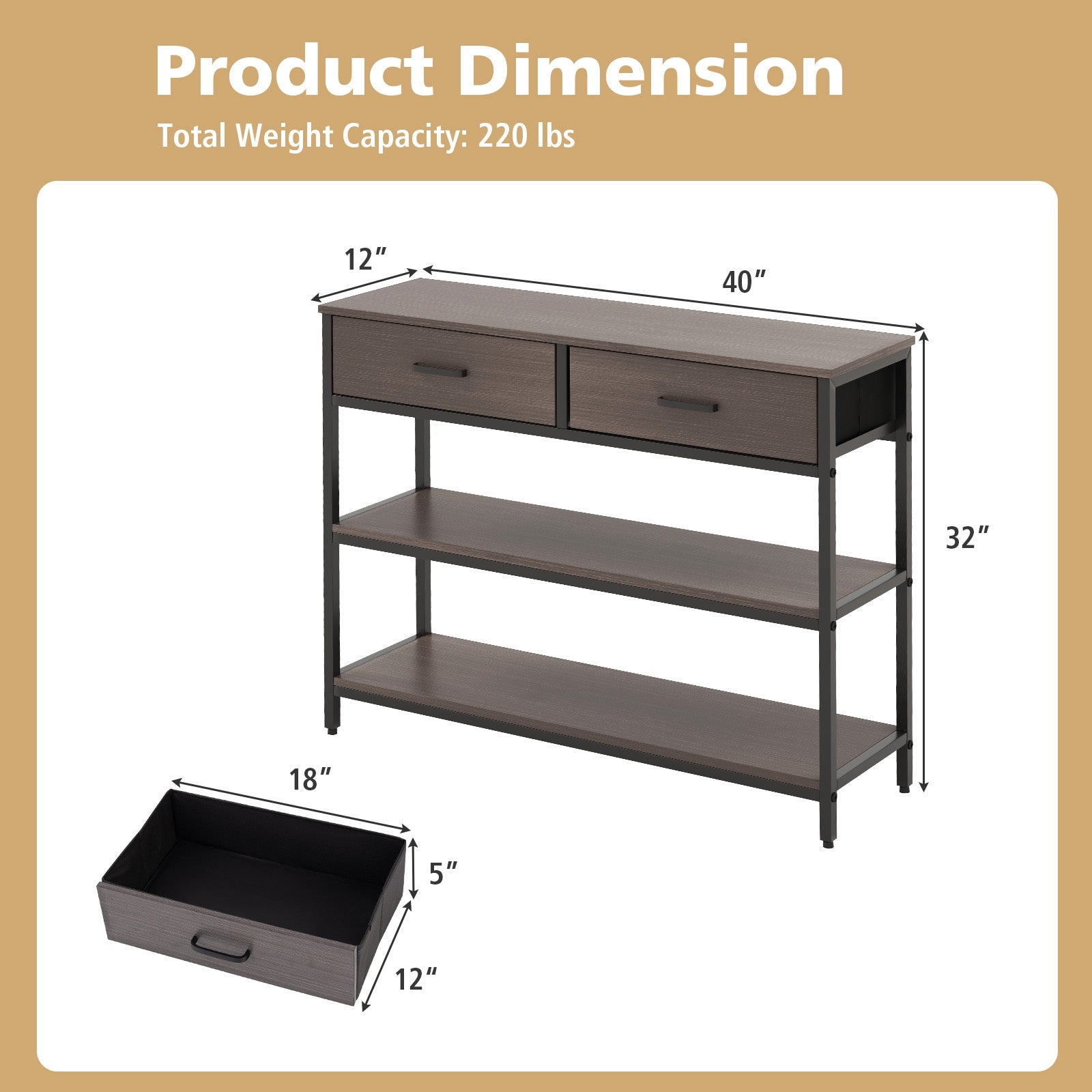 Console Table with Folding Fabric Drawers for Entryway, Gray Console Tables   at Gallery Canada