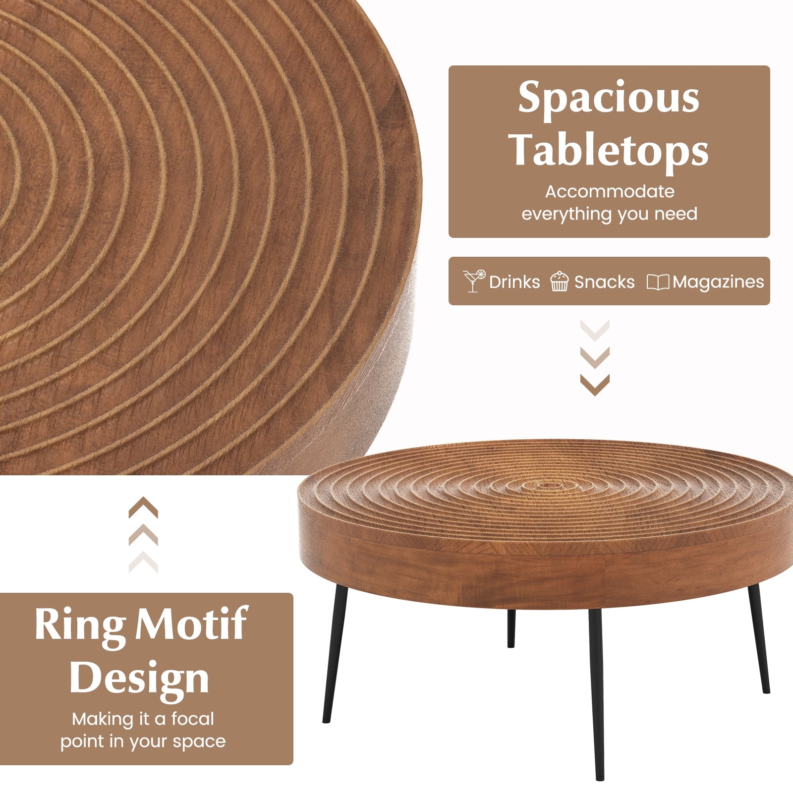 Set of 2 Solid Wood Ring Pattern Farmhouse Round Coffee Tables, Brown Coffee Tables   at Gallery Canada