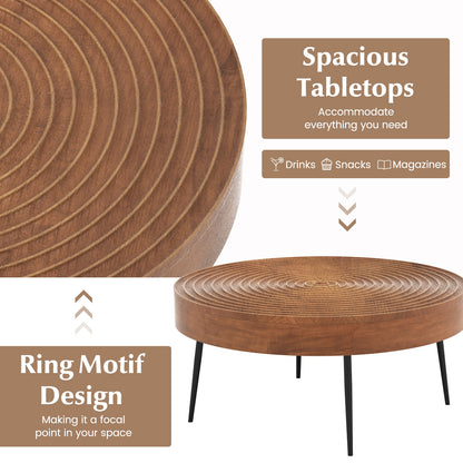 Set of 2 Solid Wood Ring Pattern Farmhouse Round Coffee Tables, Brown Coffee Tables   at Gallery Canada