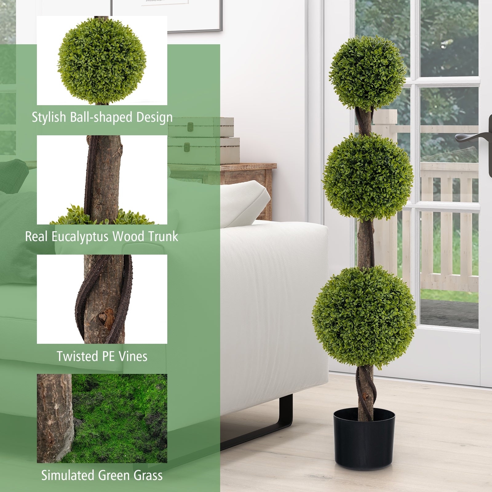 4 FT Artificial Ball Shape Bush Tree with Lush PE leaves and Trunk, Green Faux Plants   at Gallery Canada