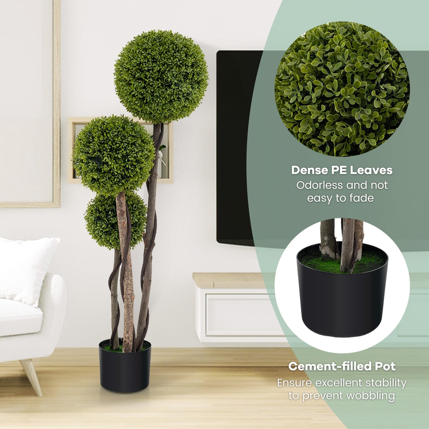 4 FT Artificial Boxwood Topiary Ball Tree in Weighted Pot with Triple Ball, Green Faux Plants   at Gallery Canada