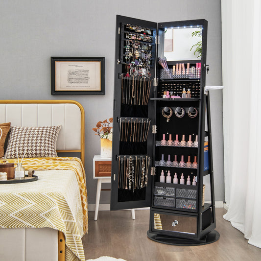 Lockable 360° Swivel Jewelry Cabinet with Full-Length Mirror LED Lights, Black Jewelry Armoires Black  at Gallery Canada