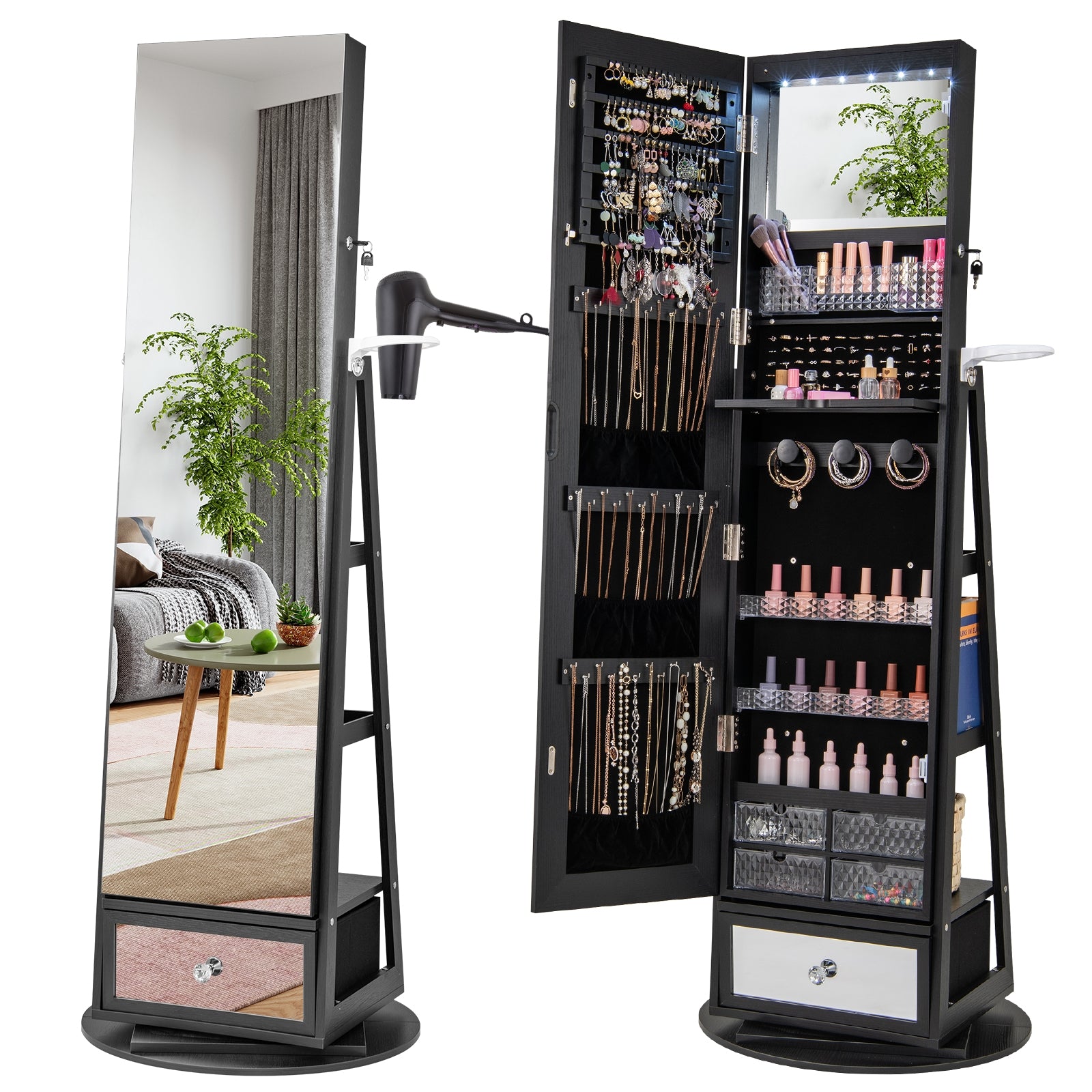 Lockable 360° Swivel Jewelry Cabinet with Full-Length Mirror LED Lights, Black Jewelry Armoires Black  at Gallery Canada