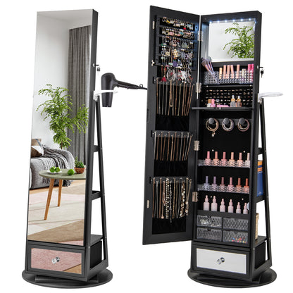 Lockable 360° Swivel Jewelry Cabinet with Full-Length Mirror LED Lights, Black Jewelry Armoires Black  at Gallery Canada