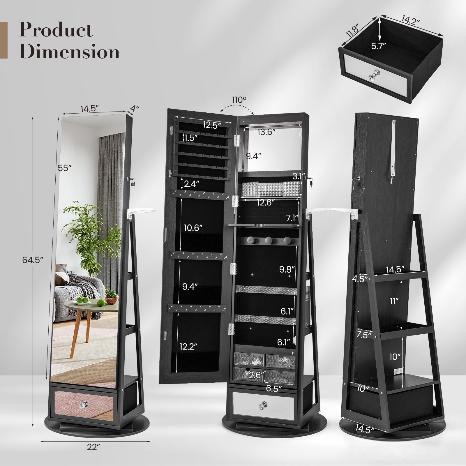 Lockable 360° Swivel Jewelry Cabinet with Full-Length Mirror LED Lights, Black Jewelry Armoires   at Gallery Canada