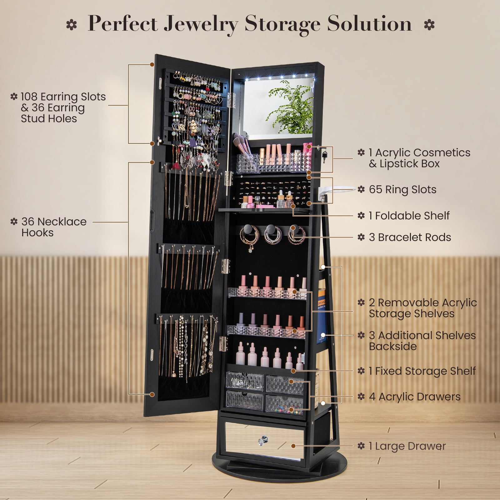 Lockable 360° Swivel Jewelry Cabinet with Full-Length Mirror LED Lights, Black Jewelry Armoires   at Gallery Canada