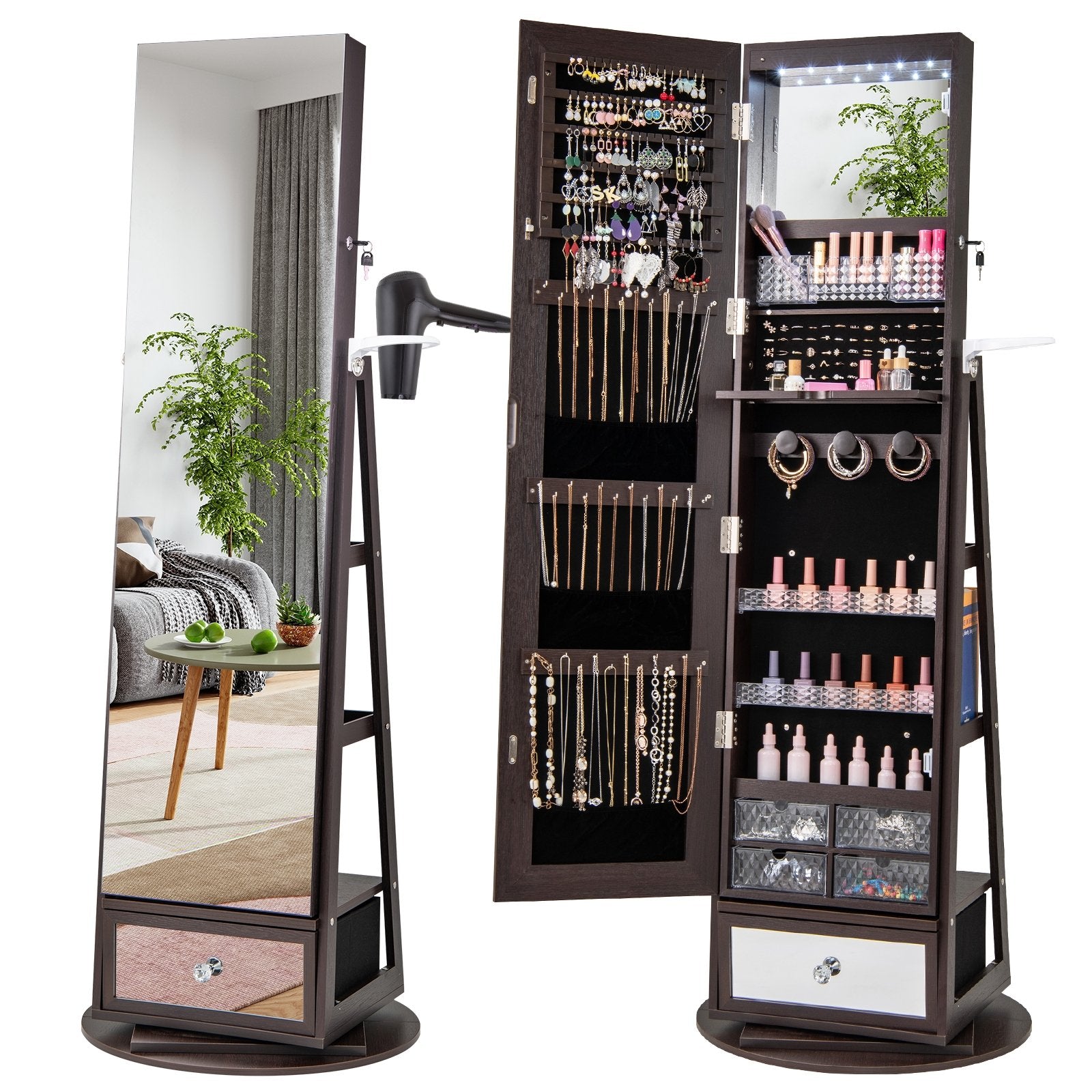 Lockable 360° Swivel Jewelry Cabinet with Full-Length Mirror LED Lights, Dark Brown Jewelry Armoires Dark Brown at Gallery Canada