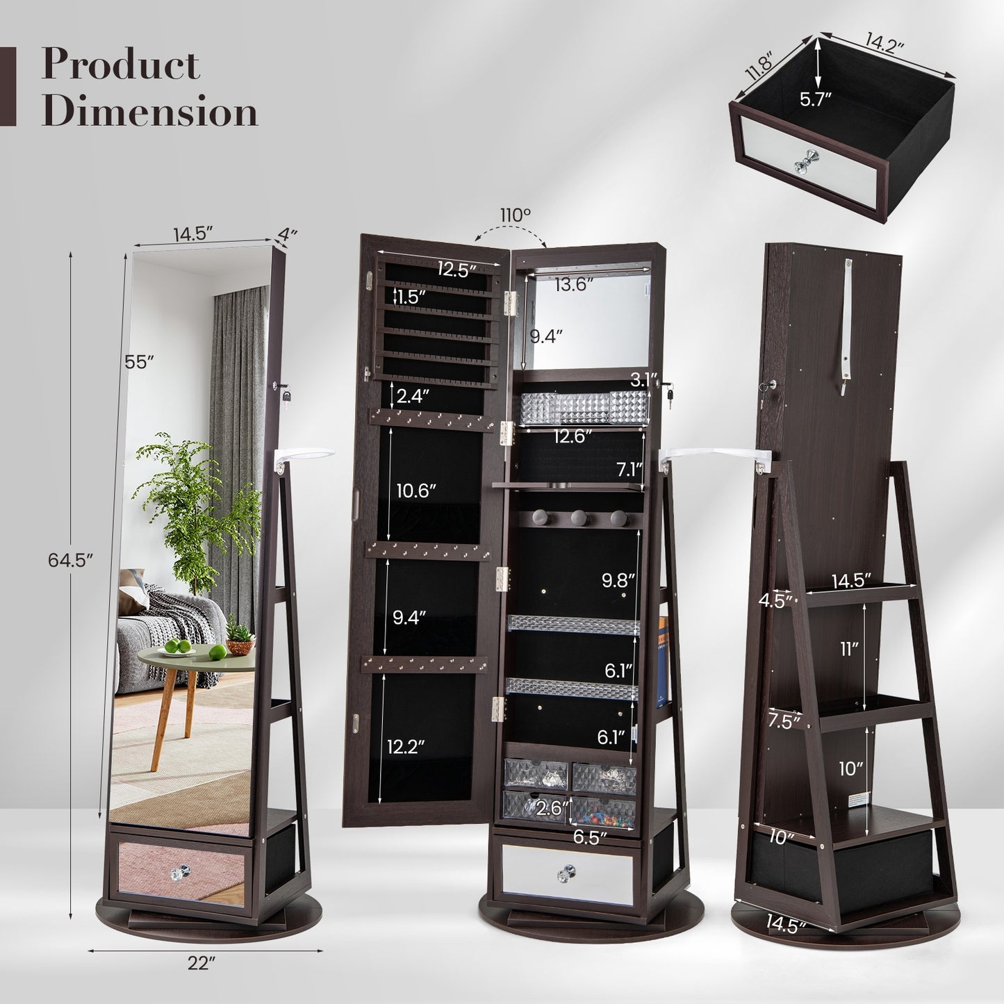 Lockable 360° Swivel Jewelry Cabinet with Full-Length Mirror LED Lights, Dark Brown Jewelry Armoires   at Gallery Canada