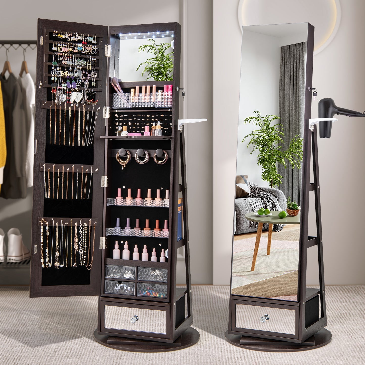 Lockable 360° Swivel Jewelry Cabinet with Full-Length Mirror LED Lights, Dark Brown Jewelry Armoires   at Gallery Canada