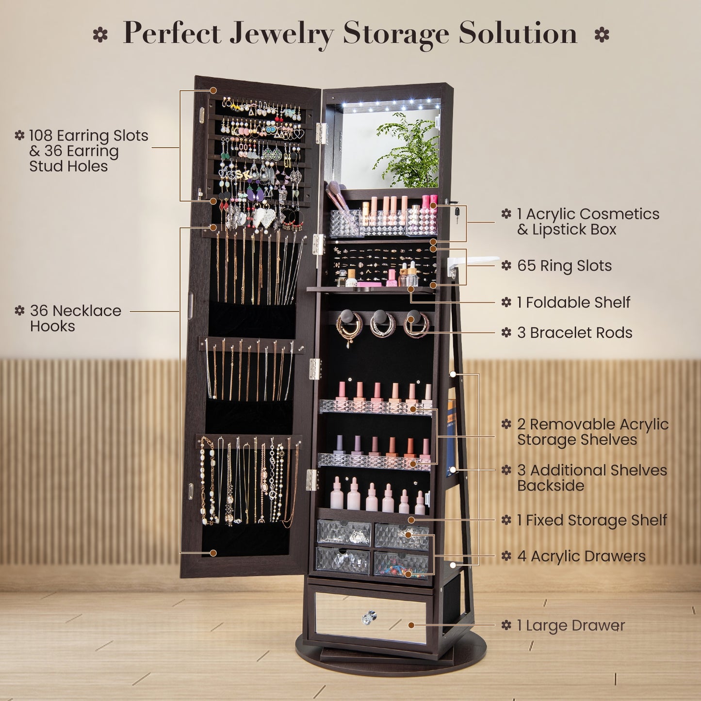 Lockable 360° Swivel Jewelry Cabinet with Full-Length Mirror LED Lights, Dark Brown Jewelry Armoires   at Gallery Canada