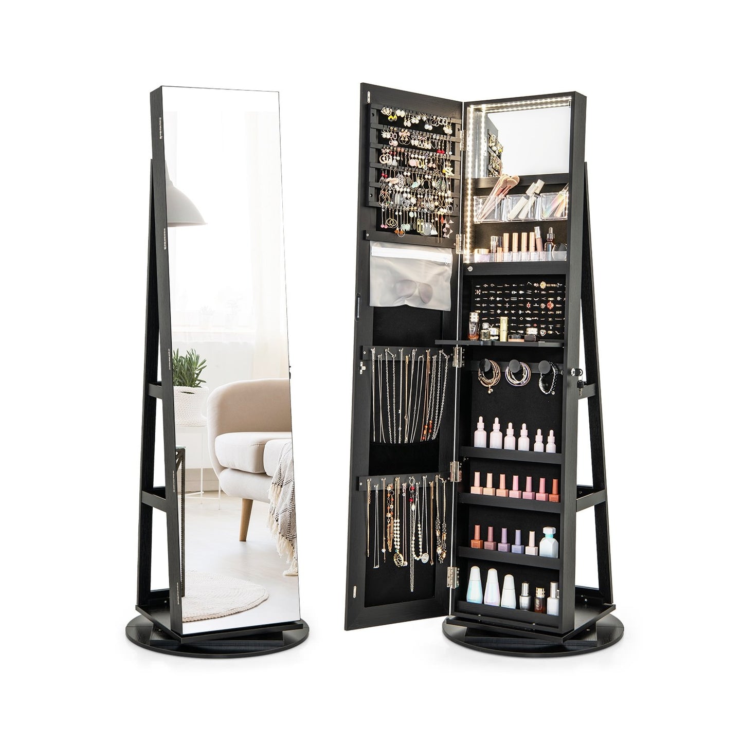 360° Rotating Mirrored Jewelry Cabinet Armoire 3 Color LED Modes Lockable, Black Jewelry Armoires Black  at Gallery Canada