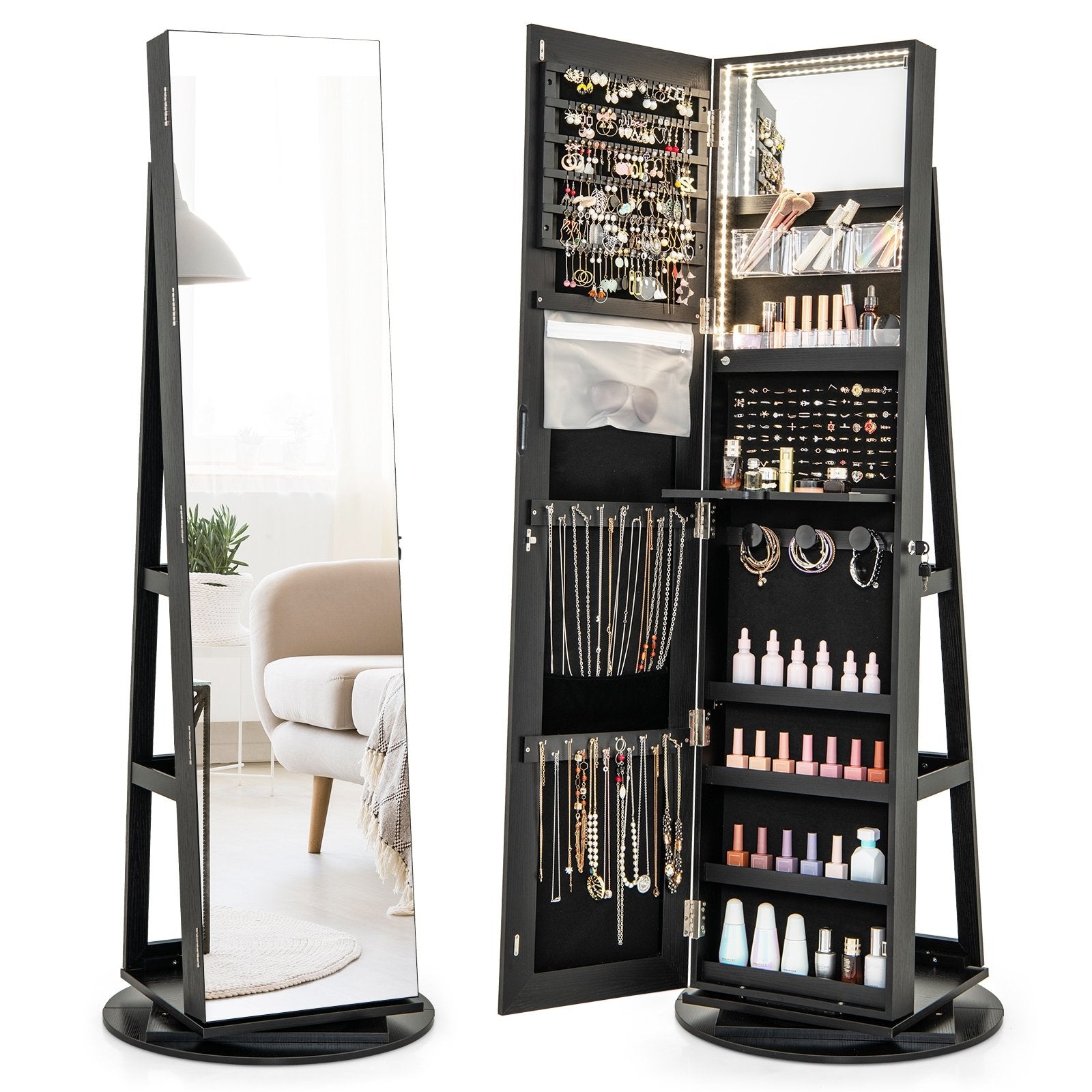 360° Rotating Mirrored Jewelry Cabinet Armoire 3 Color LED Modes Lockable, Black Jewelry Armoires   at Gallery Canada