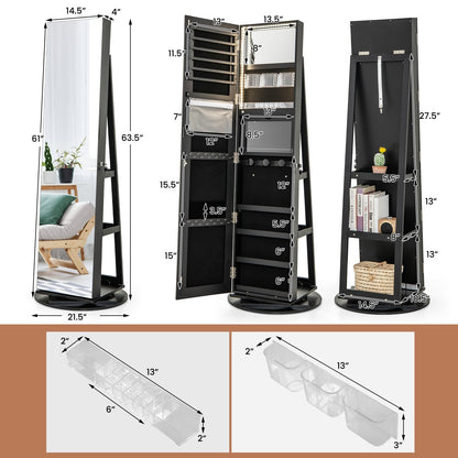 360° Rotating Mirrored Jewelry Cabinet Armoire 3 Color LED Modes Lockable, Black Jewelry Armoires   at Gallery Canada