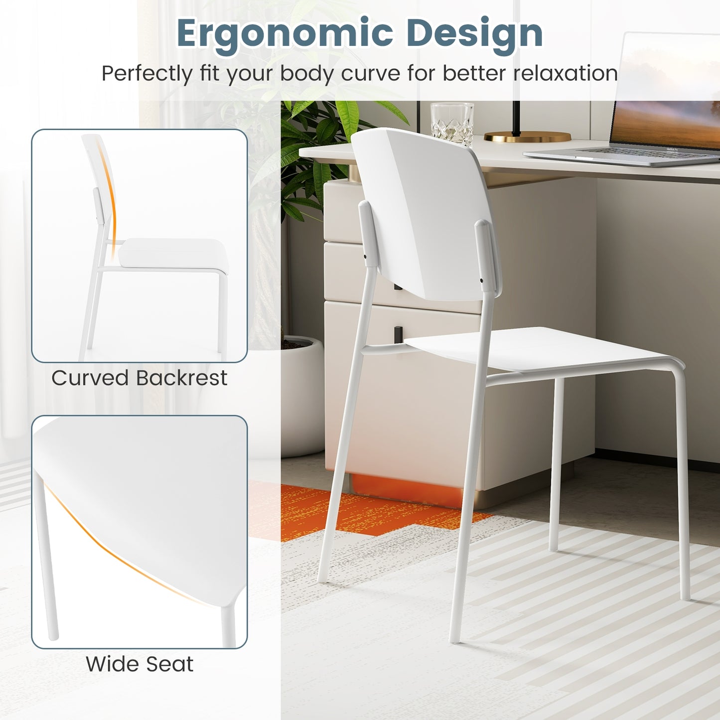 Modern Plastic Dining Chair Set of 2 with Metal Legs and Curved Back, White Dining Chairs   at Gallery Canada