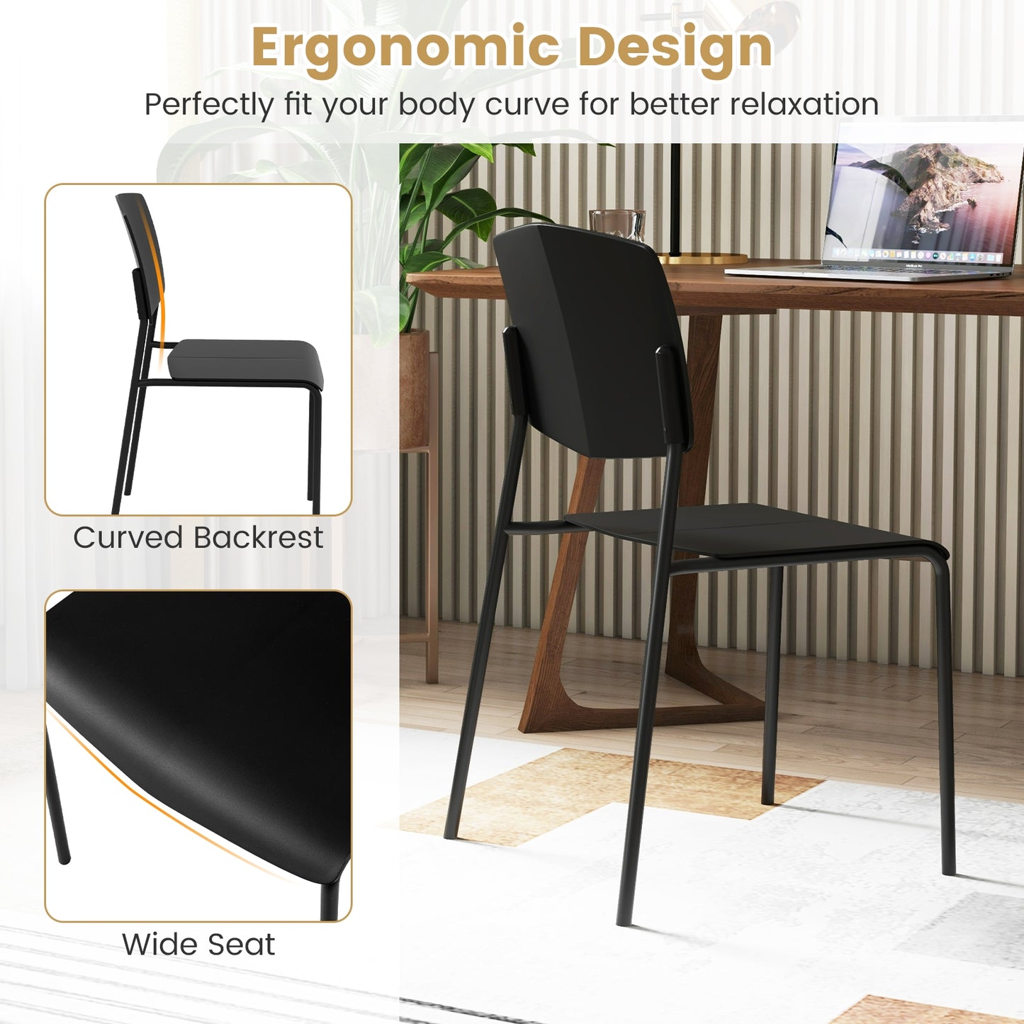 Modern Plastic Dining Chair Set of 2 with Metal Legs and Curved Back, Black Dining Chairs   at Gallery Canada