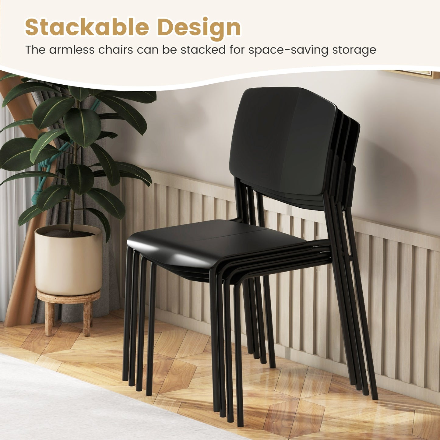 Modern Plastic Dining Chair Set of 2 with Metal Legs and Curved Back, Black Dining Chairs   at Gallery Canada