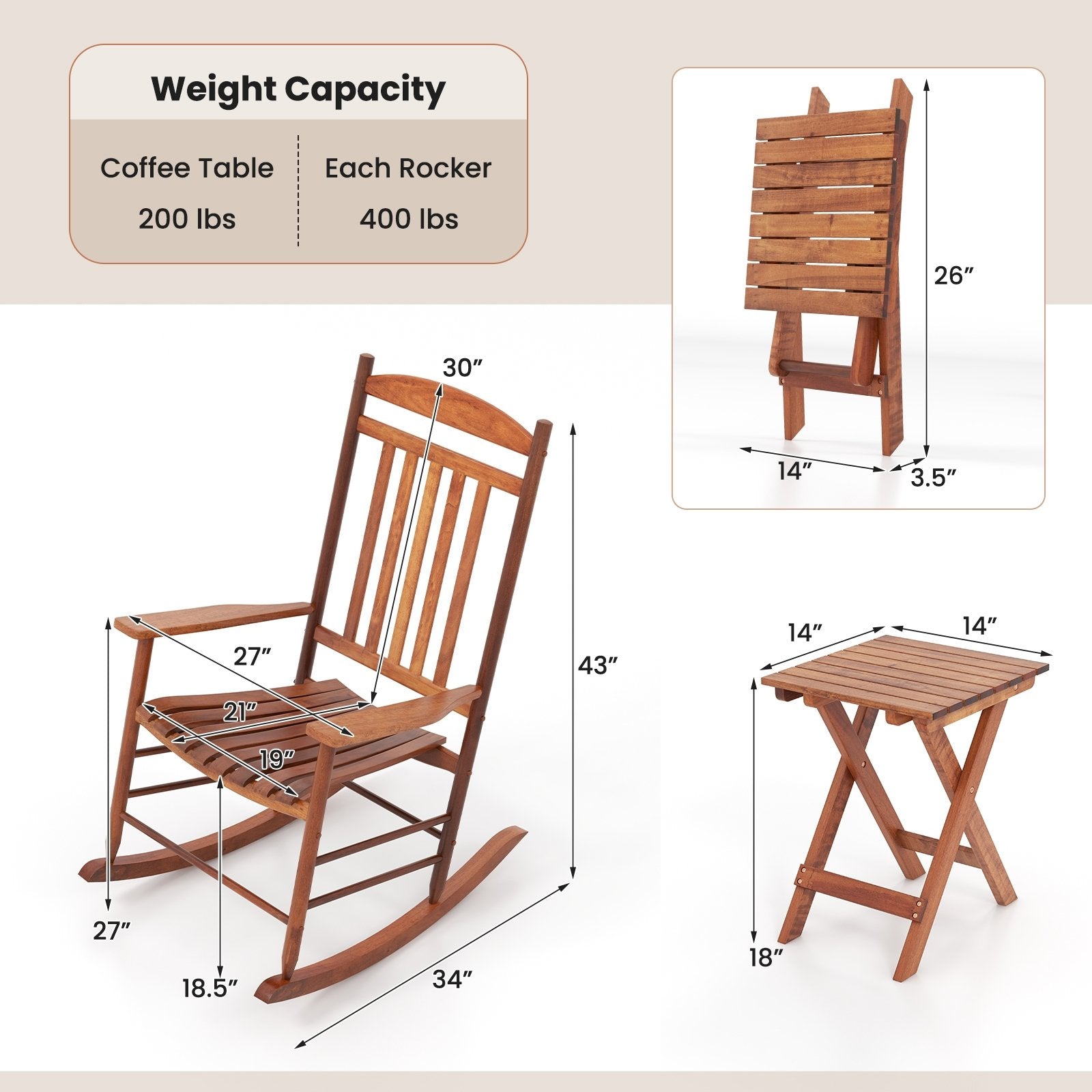 3-piece Outdoor Poplar Wood Rocking Bistro Set, Natural Patio Conversation Sets   at Gallery Canada