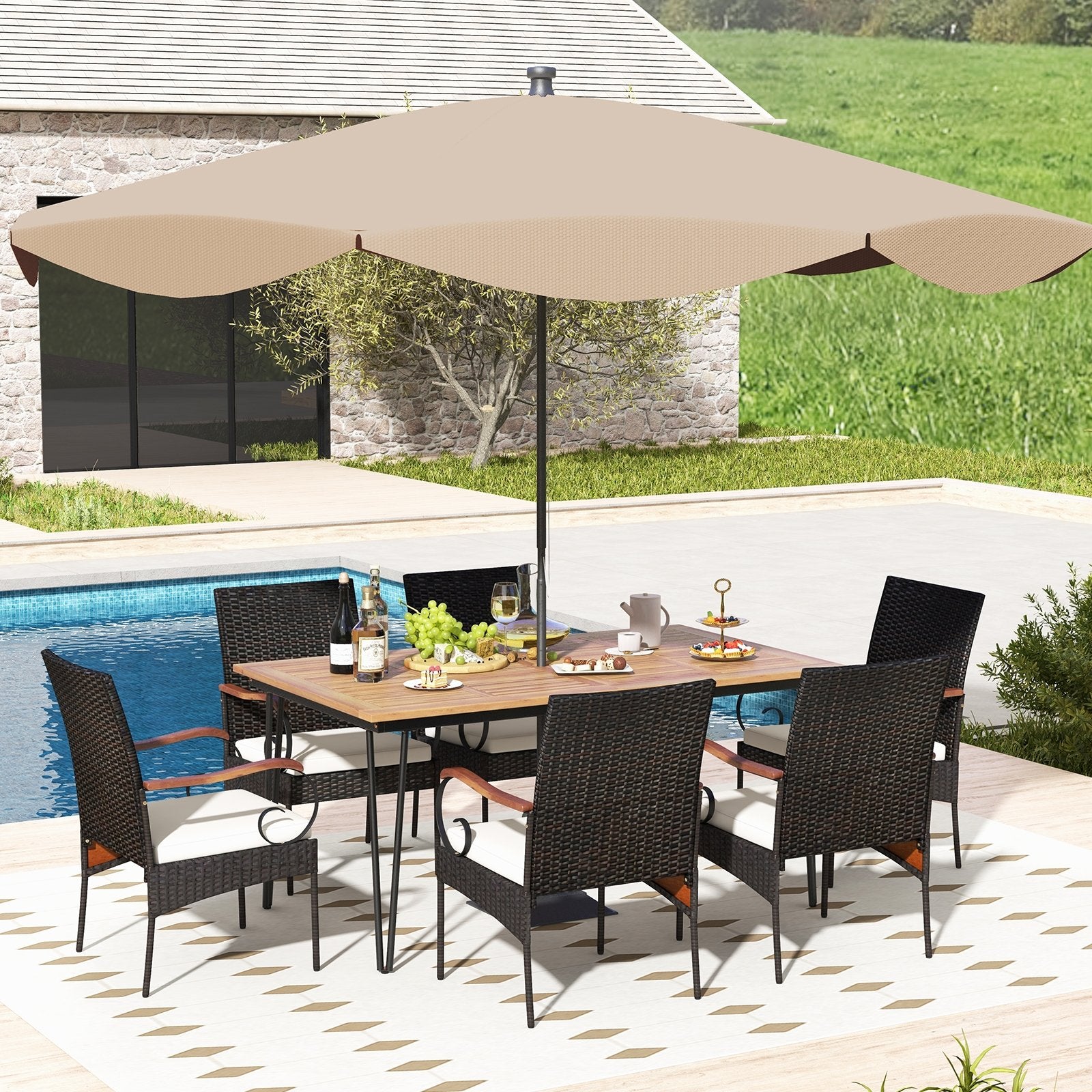 7 Pieces Patio Dining Set with Rattan Armchairs Soft Cushions 2