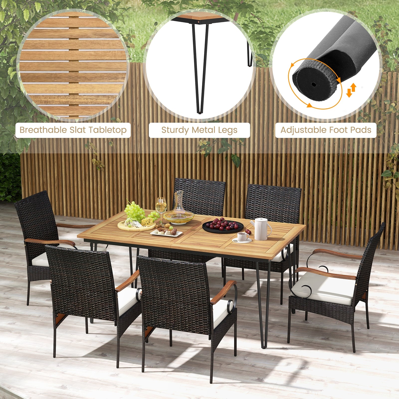 7 Pieces Patio Dining Set with Rattan Armchairs Soft Cushions 2