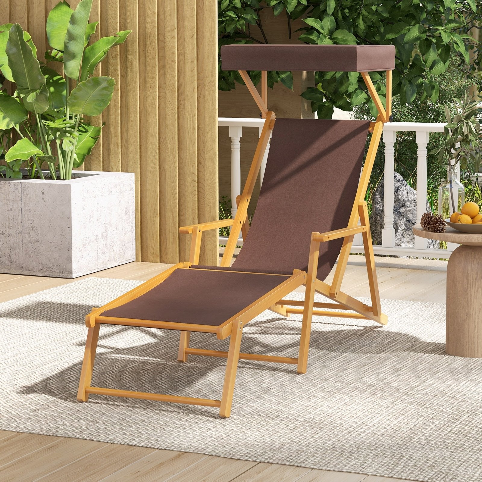 Birch Wood Chaise Lounge Chair Foldable Beach Chair with Adjustable Canopy, Brown Outdoor Chaise Lounges   at Gallery Canada