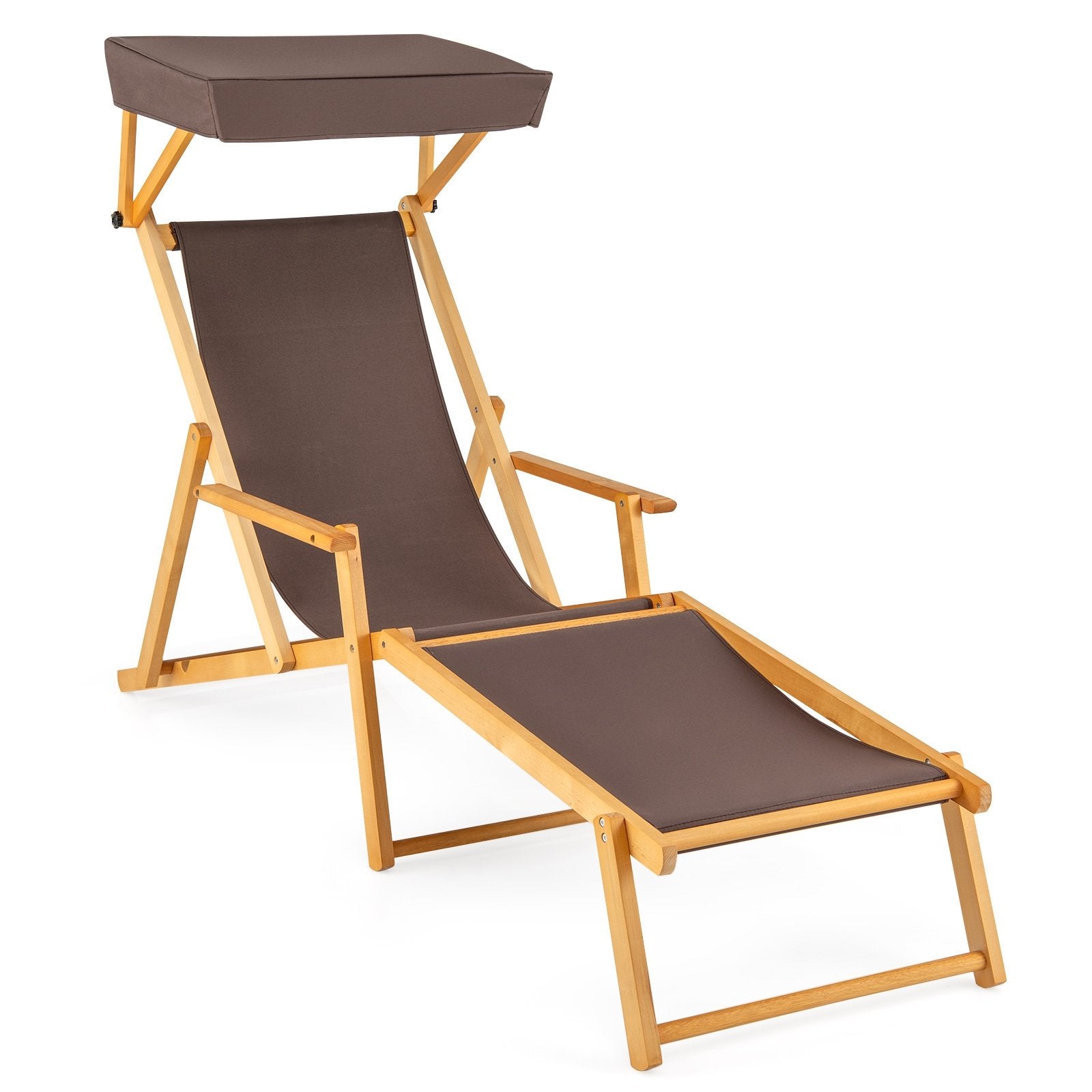 Birch Wood Chaise Lounge Chair Foldable Beach Chair with Adjustable Canopy, Brown Outdoor Chaise Lounges Brown  at Gallery Canada