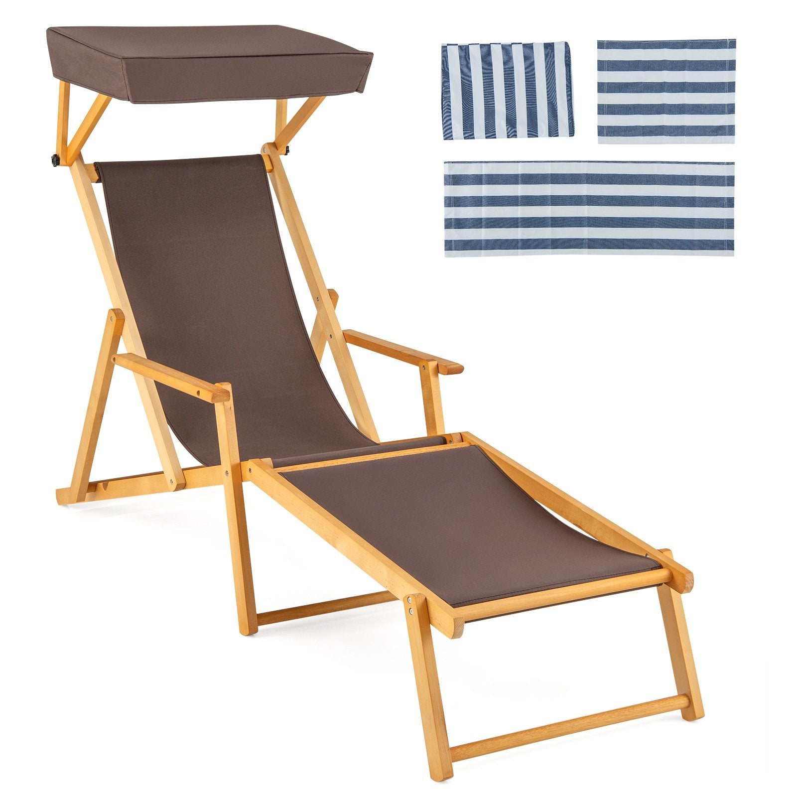 Birch Wood Chaise Lounge Chair Foldable Beach Chair with Adjustable Canopy, Brown Outdoor Chaise Lounges   at Gallery Canada