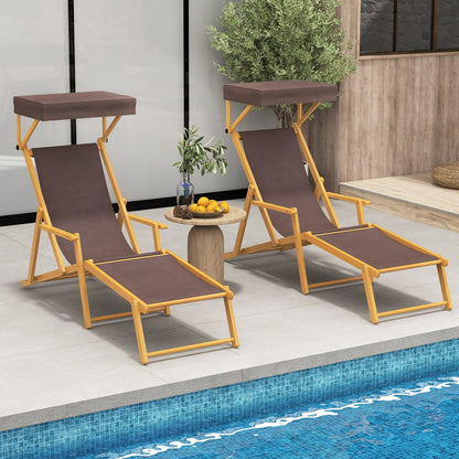 Birch Wood Chaise Lounge Chair Foldable Beach Chair with Adjustable Canopy, Brown Outdoor Chaise Lounges   at Gallery Canada