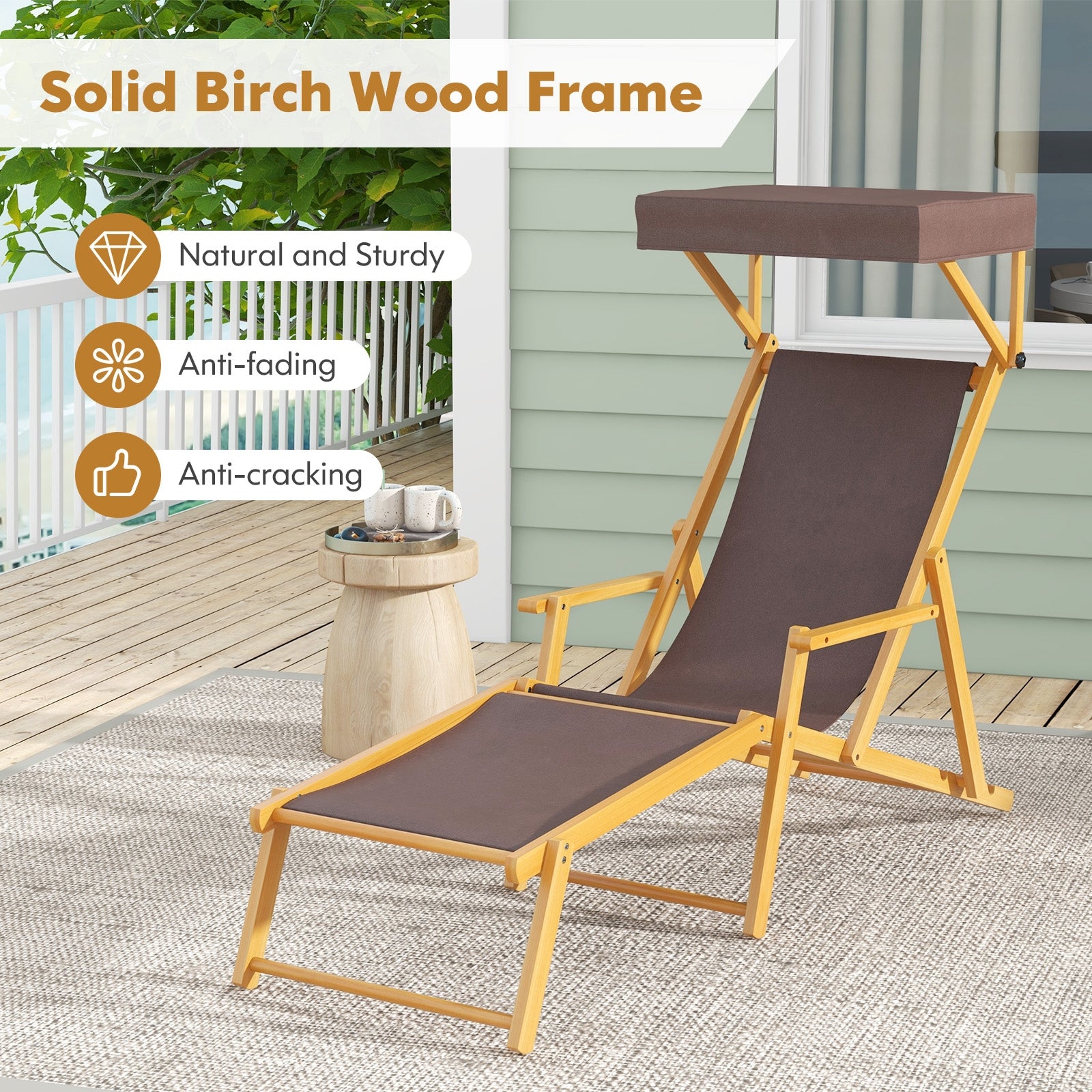 Birch Wood Chaise Lounge Chair Foldable Beach Chair with Adjustable Canopy, Brown Outdoor Chaise Lounges   at Gallery Canada