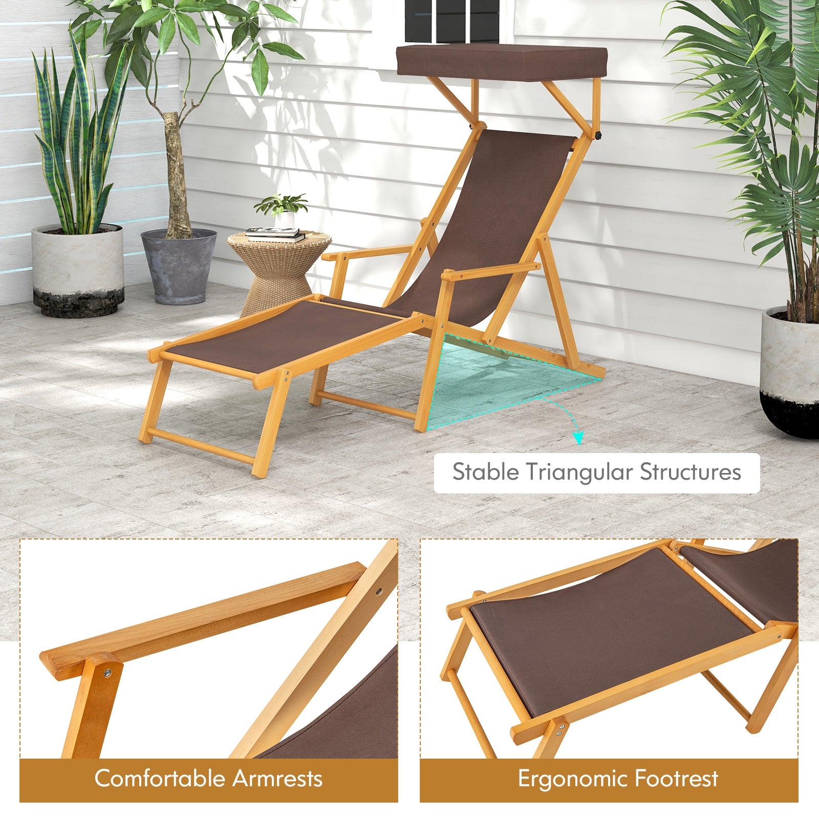 Birch Wood Chaise Lounge Chair Foldable Beach Chair with Adjustable Canopy, Brown Outdoor Chaise Lounges   at Gallery Canada