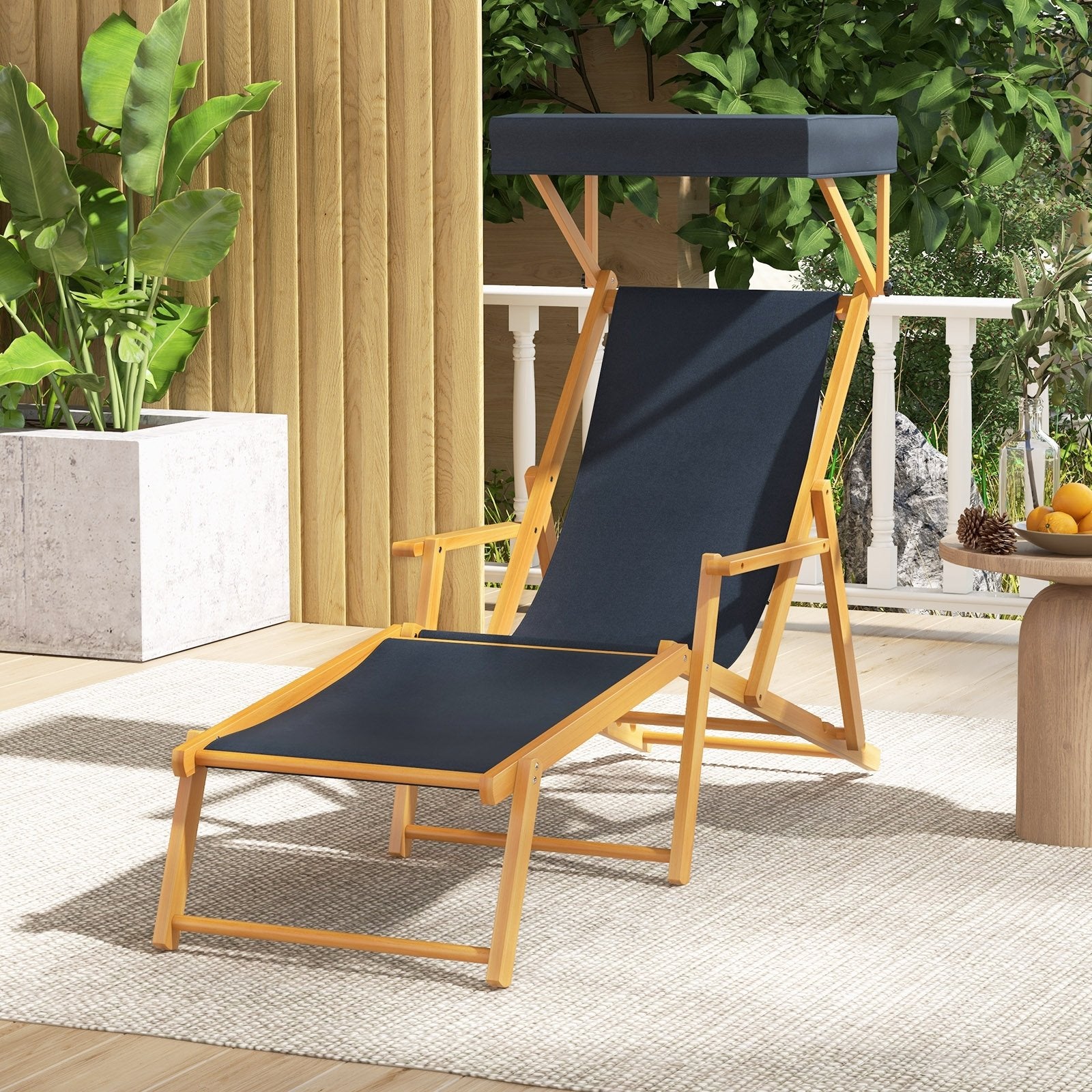 Birch Wood Chaise Lounge Chair Foldable Beach Chair with Adjustable Canopy, Navy Outdoor Chaise Lounges   at Gallery Canada