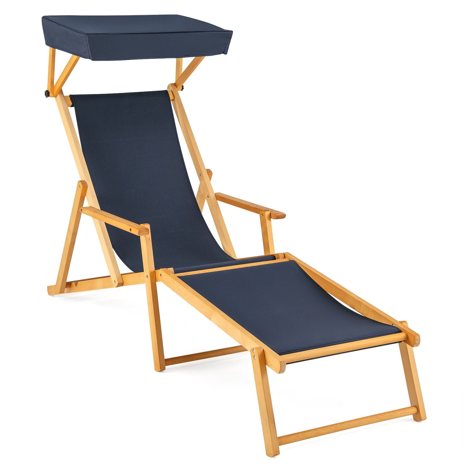 Birch Wood Chaise Lounge Chair Foldable Beach Chair with Adjustable Canopy, Navy Outdoor Chaise Lounges Navy at Gallery Canada