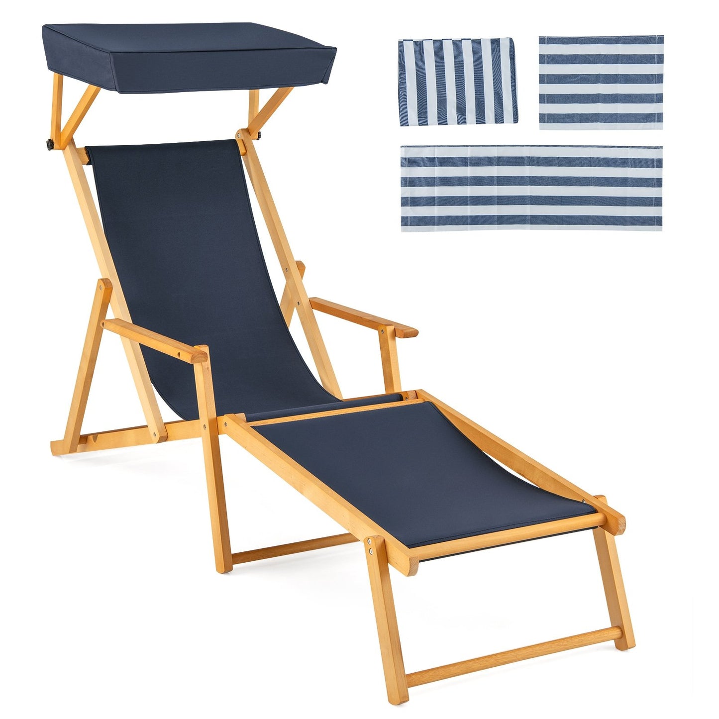 Birch Wood Chaise Lounge Chair Foldable Beach Chair with Adjustable Canopy, Navy Outdoor Chaise Lounges   at Gallery Canada